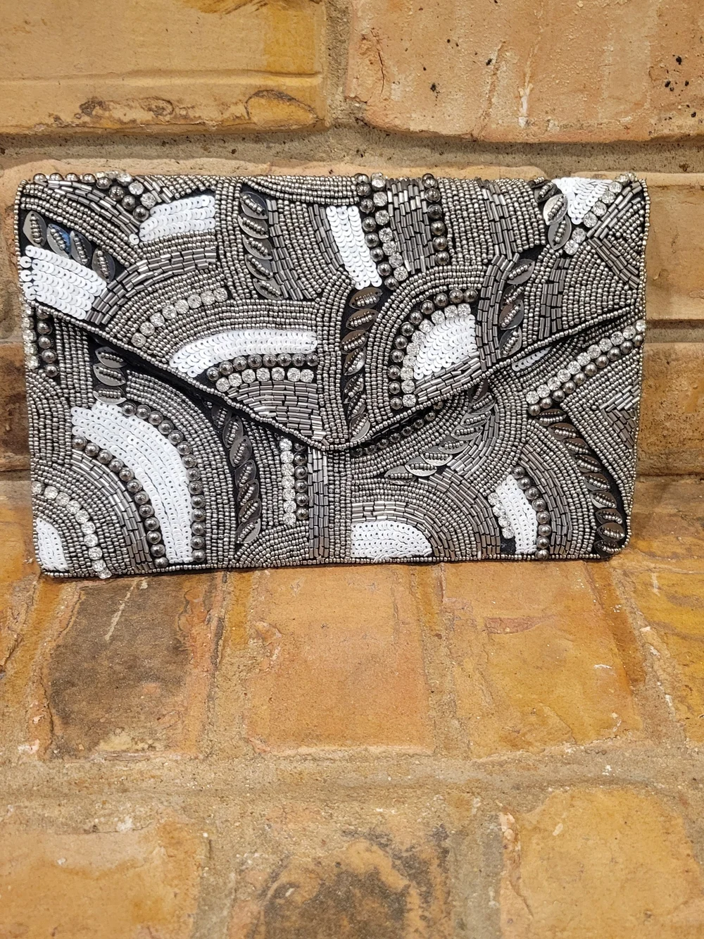Beaded Black and White Evening Envelope Clutch